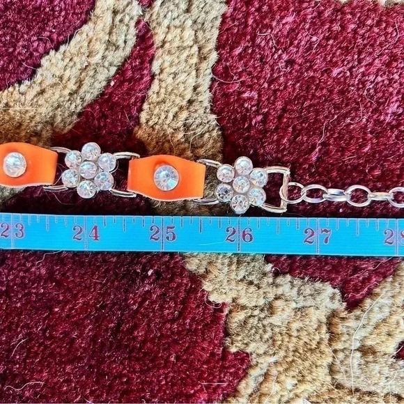 Teen Girl’s Rhinestone Floral Design with Orange Leather Tabs Chainlink Belt - Picture 12 of 12